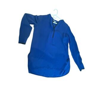 Vince 100% Silk Royal Blue Popover Blouse Split Neck Contrast Trim Size 8